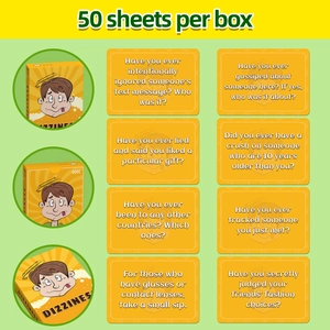 Set of 50 yellow Dizziness party game cards with fun social challenges for adults