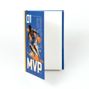 Detail of creative basketball notebook featuring a dunk illustration and MVP slogans