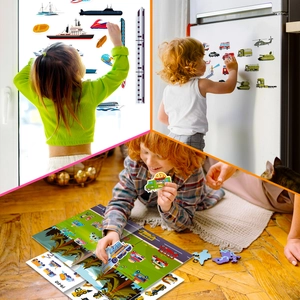 Macro shot of colorful waterproof vehicle stickers and play mat with road scene