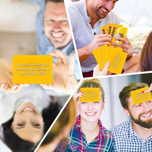 Detail of yellow DIZZY social card game showing various fun party challenges and questions