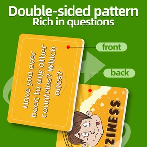 Detail view of double-sided yellow party game cards with questions and illustrations