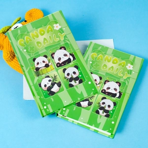Cute green panda panda & daily notebook set featuring bamboo patterns on blue background