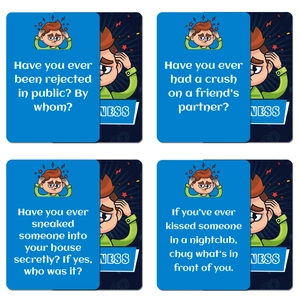 Set of 50 creative party game cards with blue cartoon design and English social icebreakers