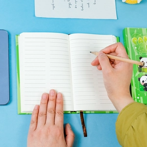 Close-up of A5 panda notebook with lined pages and green cover in a writing scenario