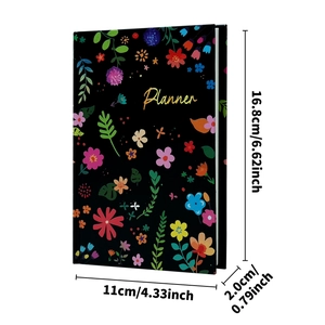 Agenda nera con motivi floreali e scritte dorate, taccuino compatto da 16,8x11cm