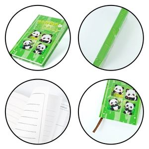Detail view of panda diary featuring green bamboo cover and functional inner pages