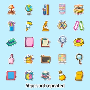 Detailed 5x5 grid view of 25 unique hand-drawn school and science cartoon stickers