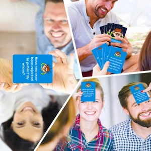 Close-up of interactive adult party game cards with humor illustrations and English prompts