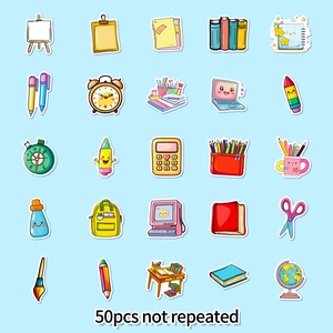 50pcs set of non-repeated cute cartoon school supply stickers for stationery and scrapbooking