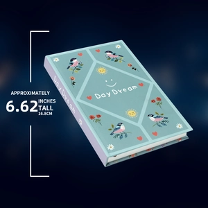 Detail showing Day Dream notebook dimensions at 6.62 inches with bird and sun illustrations