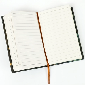 Detail view of lined cream pages with a brown silk bookmark in a hardcover notebook