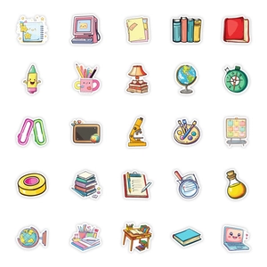 Collection of 25 cute hand-drawn school and office stationery graffiti stickers on white