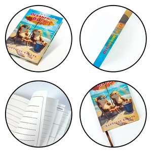 Dettaglio del taccuino a copertina rigida a tema spiaggia con illustrazioni e segnalibro