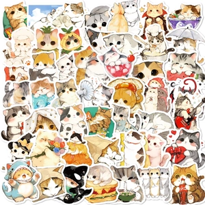 Detailed spread of 50 cute hand-drawn cat stickers with waterproof artistic designs