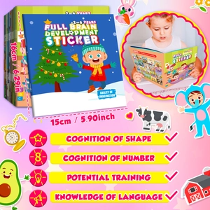 Detail showing set of educational sticker books with 15x16cm dimensions and cartoon covers