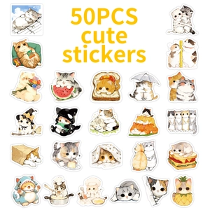 50pcs set of cute hand-drawn watercolor cat stickers with various funny feline designs