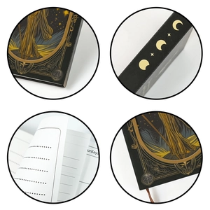 Macro details of vintage mystic notebook featuring gold stamping and moon phases
