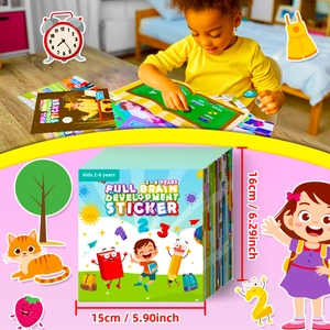 Detail view of educational sticker book for kids with precise size measurements 16x15 cm