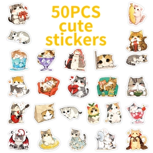Set of 50 waterproof cute hand-drawn cartoon cat stickers for kids rewards and decoration