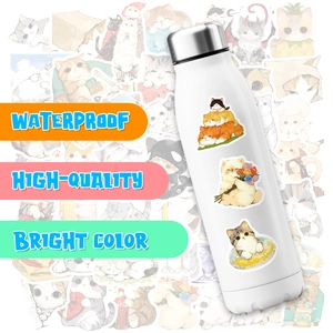 Waterproof cartoon cat stickers applied on a white thermos bottle for decoration