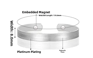 Detail view of silver magnetic therapy bracelet showing 170mm length and 8mm width dimensions