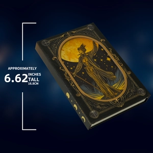 Detail showing vintage magic scepter notebook with goddess moon cover and size specs