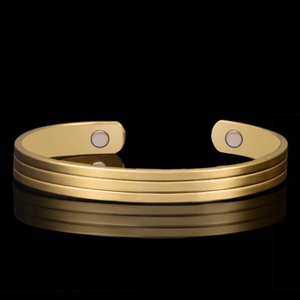 Gold plated C-shaped magnetic therapy bracelet with triple groove lines and mirror finish