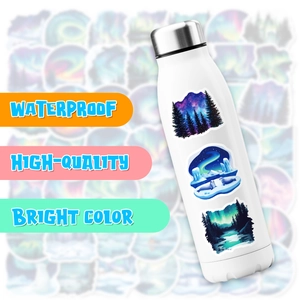 Waterproof Northern Lights stickers shown applied to a white stainless steel water bottle