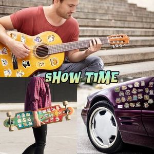 Waterproof cartoon cat stickers applied on guitar, skateboard, and car for decoration