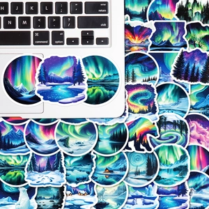 Close-up of waterproof Aurora stickers applied to a laptop and various polar animal designs