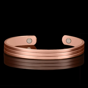 18K rose gold plated copper magnetic therapy C-shaped cuff bracelet with triple stripes