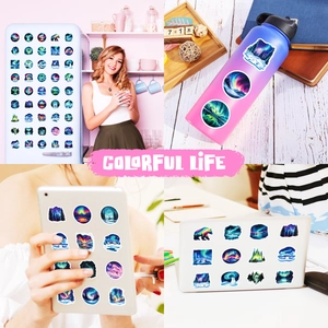 Waterproof aurora stickers shown on laptop and water bottle for decorative lifestyle use