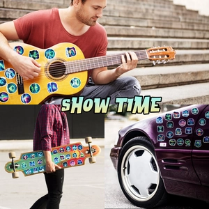 Waterproof aurora landscape stickers shown on a guitar, skateboard, and car surface