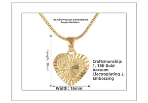 Macro shot of 18K gold plated heart pendant showing 20mm by 16mm size and etched texture