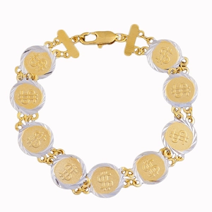 Bracelet bicolore plaqué or 18 carats avec breloques dollar et bordures argentées texturées