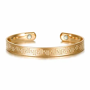 Classic gold magnetic health bracelet with Greek fret pattern and open cuff design