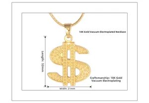 Détail du pendentif signe dollar plaqué or 18 carats avec dimensions 32mm par 21mm