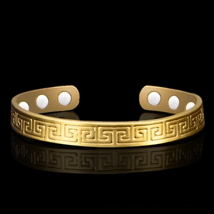 Greek Meander Pattern Copper Magnetic Therapy Bracelet Gold Plated Open Cuff Bangle For Health Wellness Jewelry