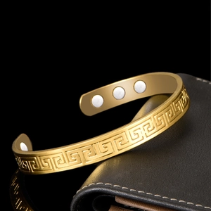 Gold plated copper magnetic therapy bracelet with classic Greek meander pattern for women