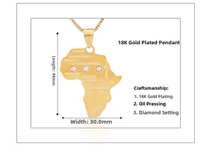 Tableau des dimensions du pendentif carte de l'Afrique plaqué or 18K avec gravure