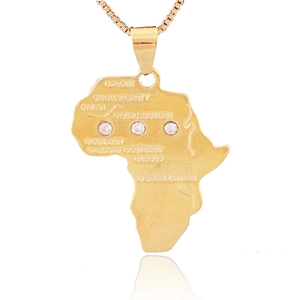 Collier pendentif carte de l'Afrique plaqué or 18K avec villes et strass incrustés