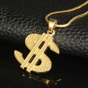 Pendentif dollar plaqué or 18 carats avec texture effet diamant sur chaîne box