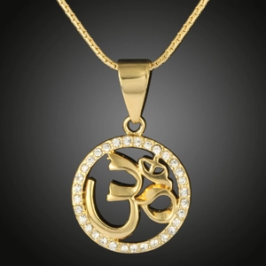 Close-up of 18K gold plated Om pendant necklace with sparkling crystal halo detail
