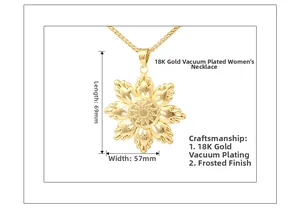 Detail view of 18K gold plated sunflower pendant with frosted sand finish and dimensions