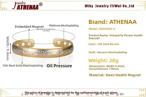 Detail showing magnetic therapy stones and 18K gold plated floral embossing on the bangle
