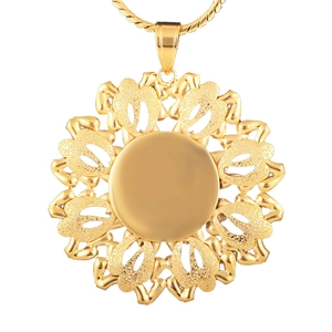 18K gold plated hollow floral pendant necklace with sunburst design and rope chain