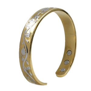 Gold-plated C-shaped magnetic therapy bracelet with engraved silver floral patterns