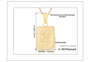 Dettagli dimensionali di un ciondolo rettangolare placcato oro 18K con lettera H