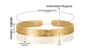 Detail of 18K gold-plated magnetic bracelet showing Greek key pattern and dimensions