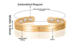 Detail of 18K gold plated cuff bracelet showing 8.0mm width and 6 embedded magnets